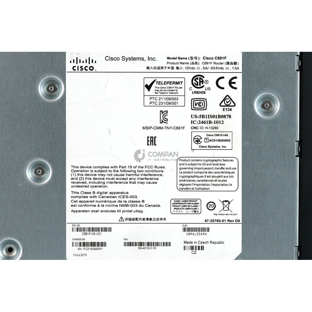 C891F-K9 CISCO 891 GIGABIT ETHERNET SECURITY ROUTER 800-40133-01